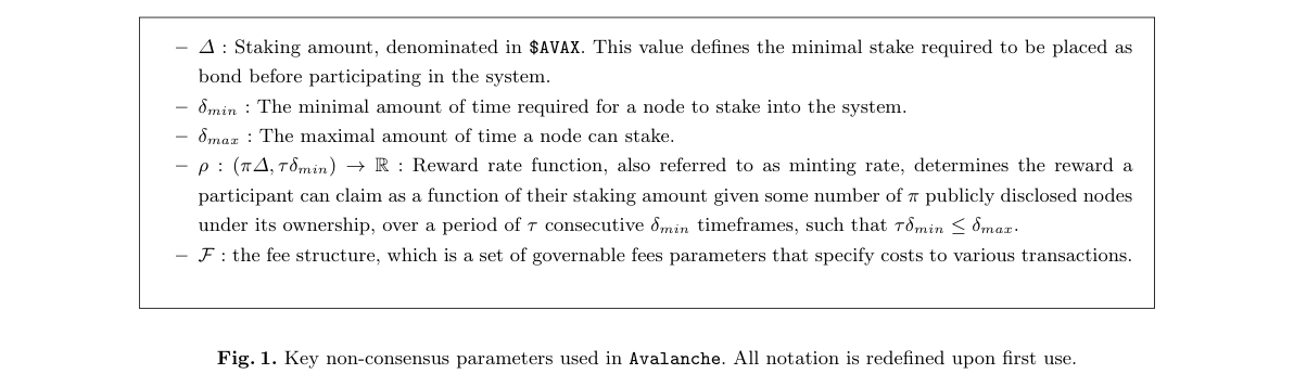 Key non-consensus governable parameters used in the Avalanche platform including staking and fee settings