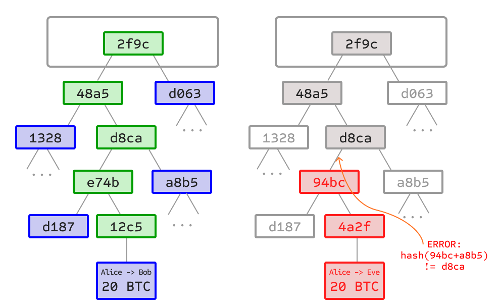 Simplified Payment Verification using Merkle tree branch proofs for transaction verification