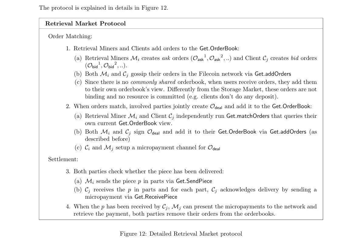 Detailed Retrieval Market protocol showing micropayment-based data retrieval
